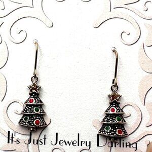 Womans Earrings Sterling Silver Marcasite Red Green Christmas Tree Holiday Gift